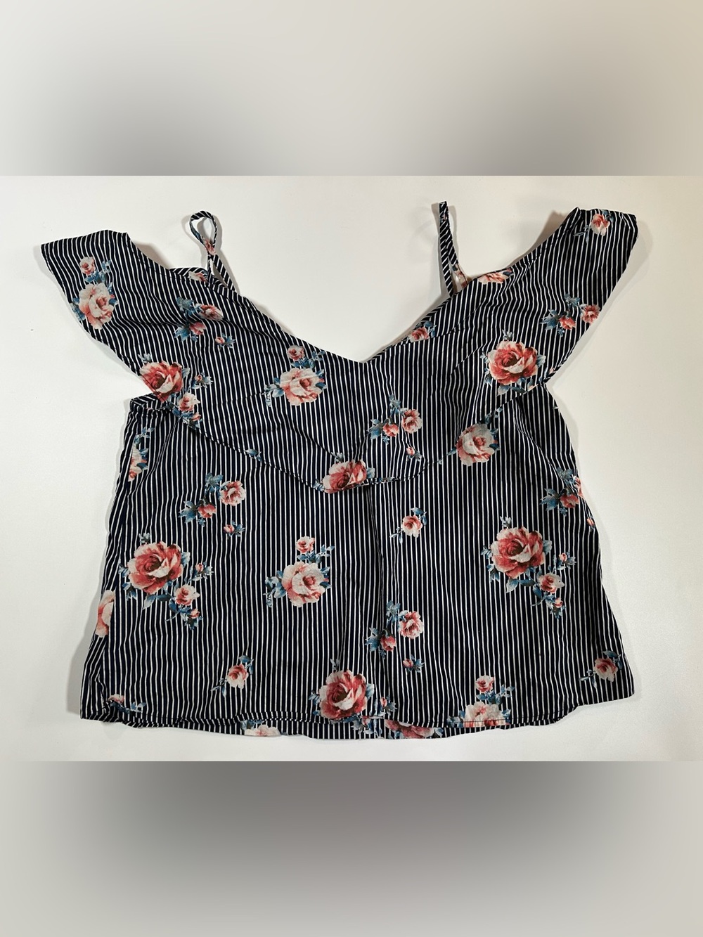 Liberty Love Navy Striped Floral Cold Shoulder Ruffle Top XL